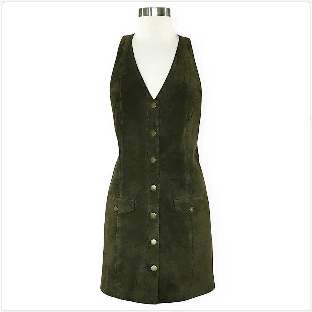 Cooperative UO Paulina Olive Green Suede Leather Button Down Mini Jumper Dress S